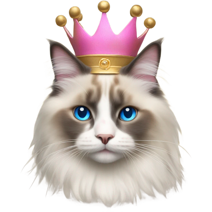 Realistic ragdoll cat with blue eyes wearing pink and gold crown emoji