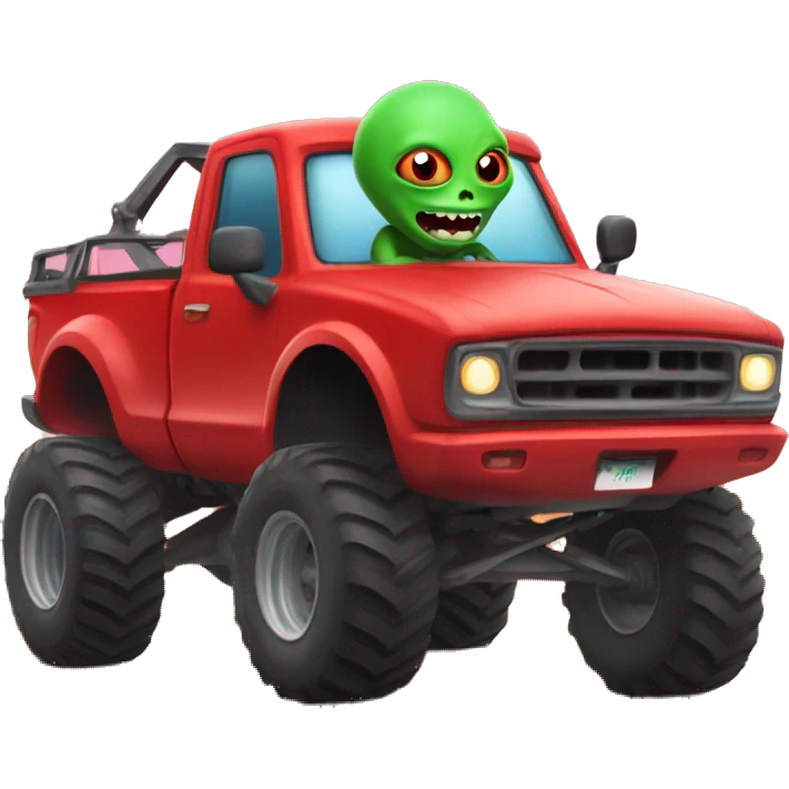 Alien driving a red monster truck  emoji