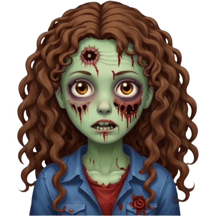 Foto de uma menina com cabelo cacheado longo castanhos, olhos castanhos no estilo zumbi emoji