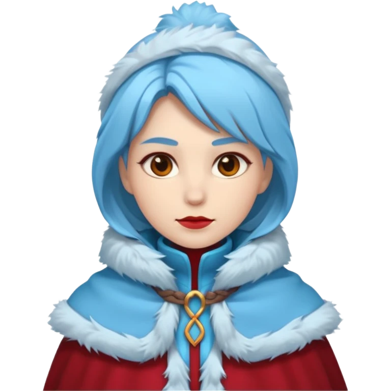 Fantasy human emoji portrait, simple winter mantle with icy blue fur trim and crimson inner fabric, northern winter aesthetic, calm heroic expression, clean flat emoji design, female variant
 emoji