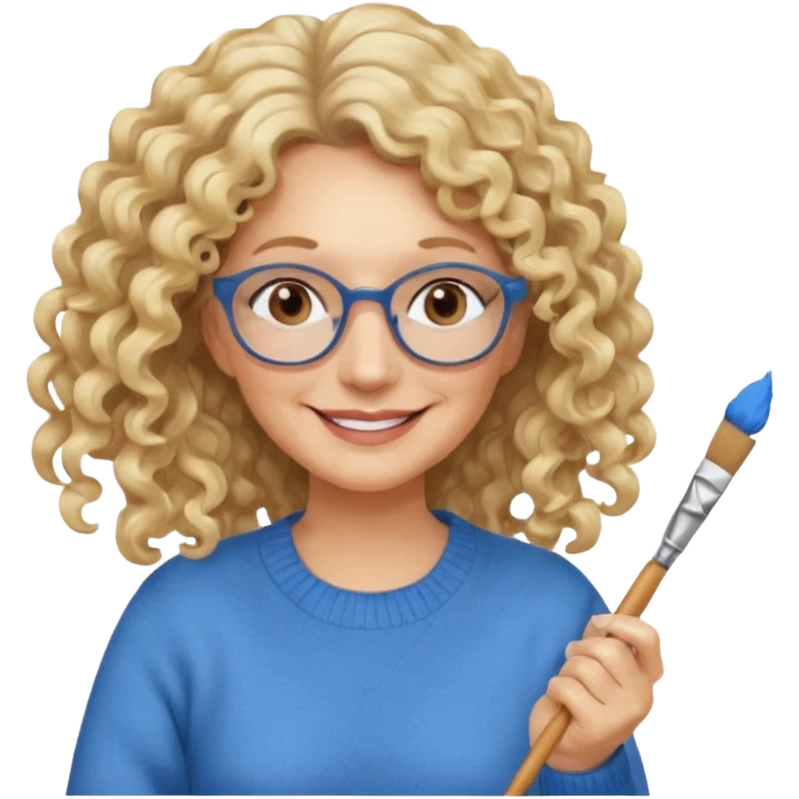 FEMME FRISÉ 60 ANS CHEVEUX BLON FRISÉ LONG SOURIANTE AVEC CHANDAIL BLEU,  YEUX BRUN ET UN PINCEAU À LA MAIN LA MAIN AVEC 5 DOIGT SEULEMENT ET LUNETTE emoji