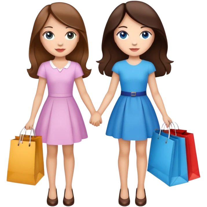 two girls with light skin and brunette hair (with with medium brown hair and blue eyes and one with dark brown hair and dark brown eyes) holding hands, they are best friends, and they are holding shopping bags from fancy boutiques in their other hands  emoji