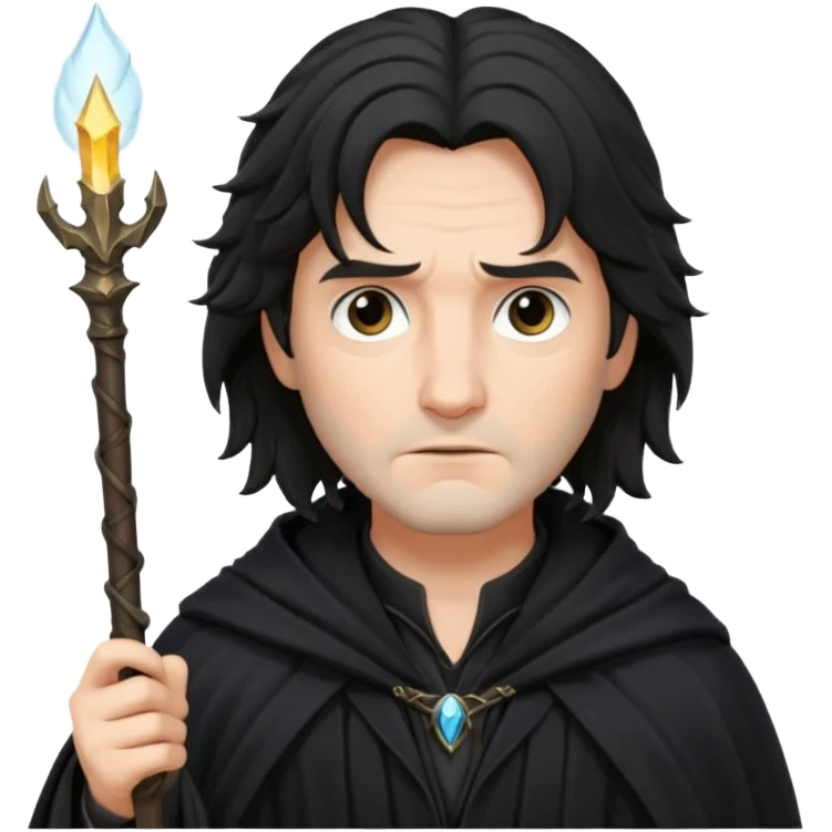 Sirius Black emoji, serious look, long messy hair, wand in hand, dark cloak emoji