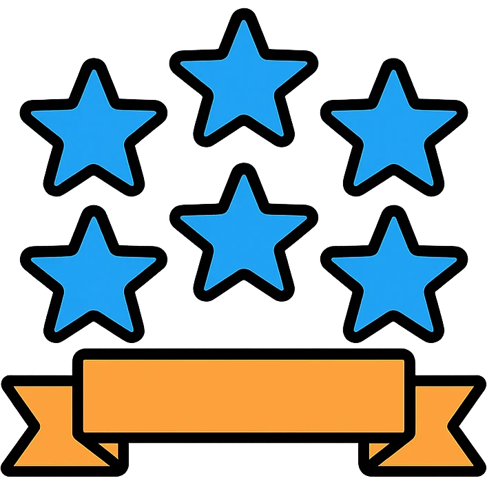 six blue stars with a ribbon underneath, premium 6-star customer experience, modern icon style emoji