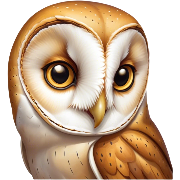 Cinematic Noble Barn Owl Portrait Emoji, Poised and regal, with a slender, graceful build and a striking mottled plumage of whites and browns, deep-set soulful amber eyes, Simplified yet sharp and sophisticated features, highly detailed, glowing with a soft, dignified glow, high shine, intelligent and mysterious, stylized with an air of nocturnal wisdom, focused and attentive, soft glowing outline, capturing the essence of a watchful and confident fowl, so majestic it feels as though it could silently glide out of the screen with effortless authority! emoji