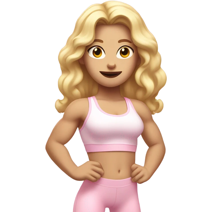 Woman, white skin, pale skin, long hair, blonde hair, wavy hair, baby pink sports bra, baby pink leggings, flexing one arm up emoji