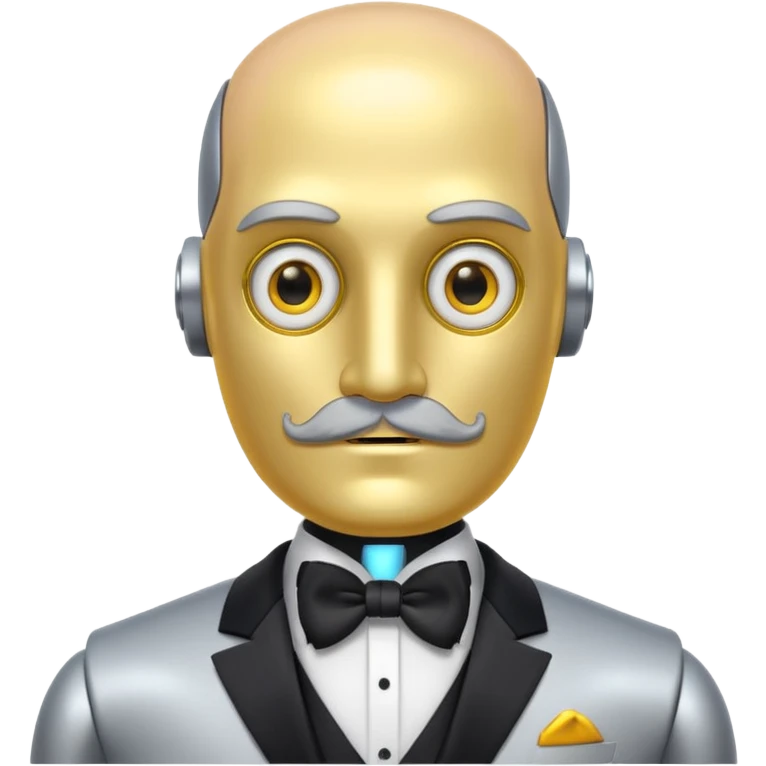 Silver robot with thick moustache, no hair, yellow eyes without pupils, wearing a tuxedo, buff emoji