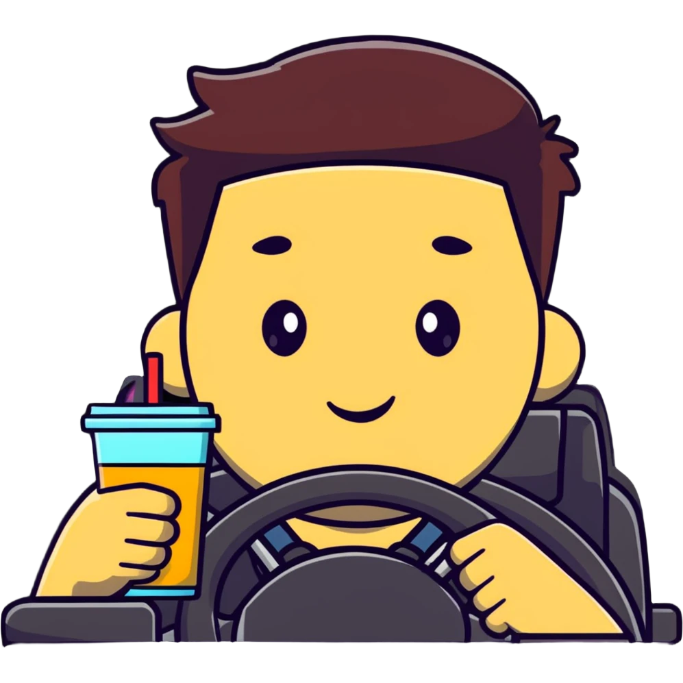 driver with flushed cheeks, one hand on the wheel, the other holding a drink, exaggerated expression emoji
