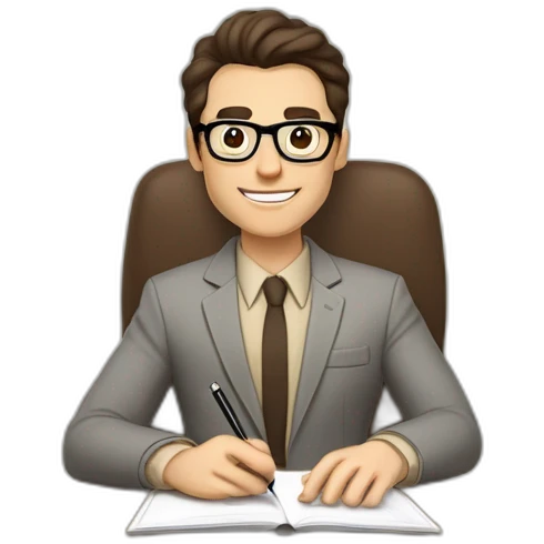 Pale skinned Fit Man With dark brown hair in gray jacket, beige office shirt, Brown pants and vintage glasses sitting In a soft chair with a notebook on spring with emblem Ψ and a pen emoji