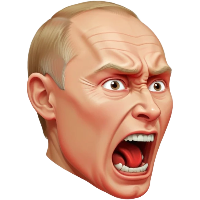 Vladimir Putin face in profile, looking sideways, screaming with intense anger, red face, furious expression emoji