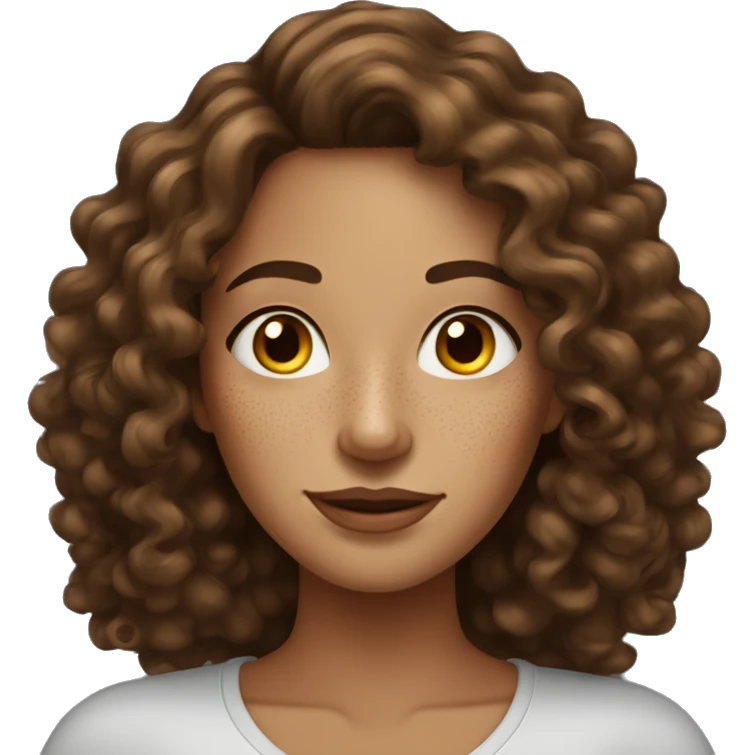 exceptionally beautiful woman with long curly brown hair and a freckles emoji