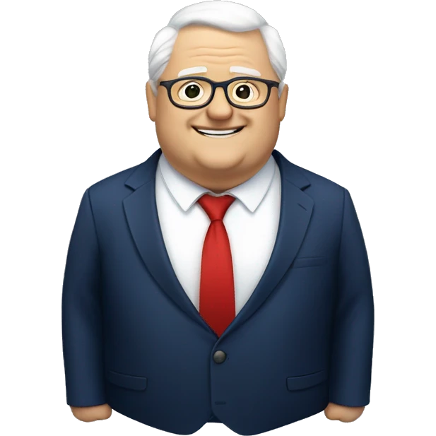 A fat older man, white hair, with glasses, no beard, smiling with teeth, and wearing a navy blue suit and red tie emoji