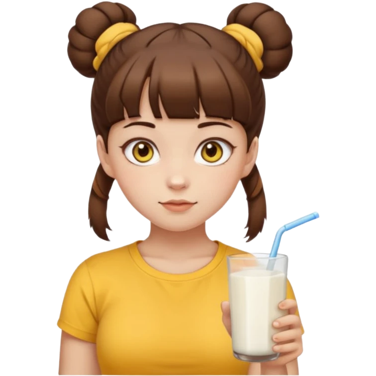 beautiful girl with brown hair with twin buns style, straight bangs, yellow eyes, milk brown tshirt, white skin, her body is a little fat  emoji