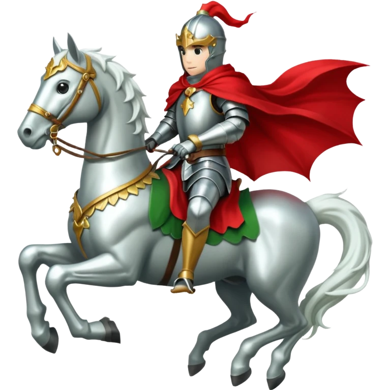 A knight in silver armor with a red cape, riding a white horse atop a green dragon. emoji