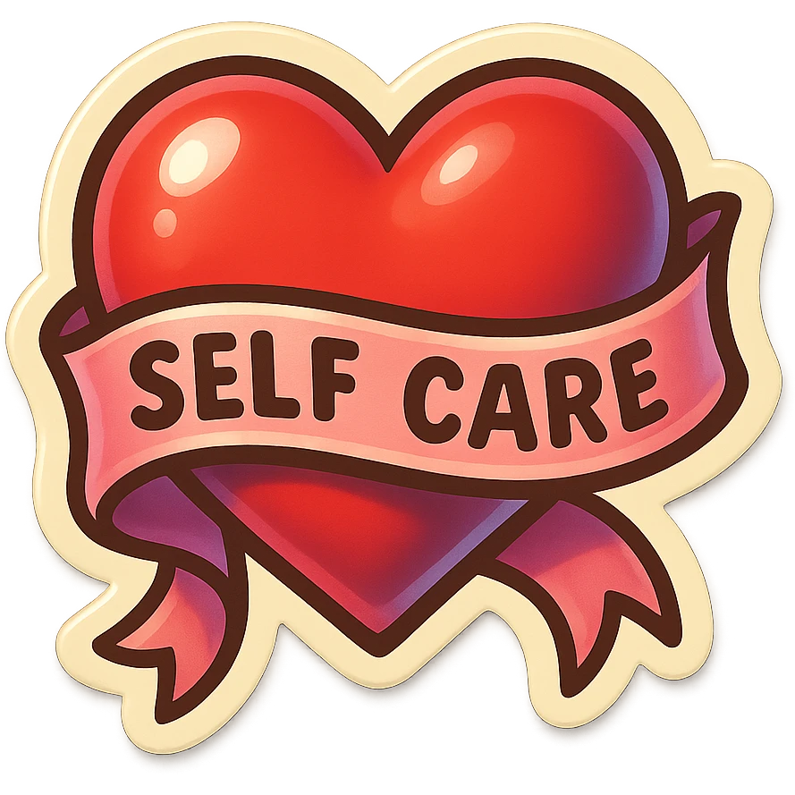 heart wrapped in a soft ribbon, symbol of self-care, retro sticker style, clear contours, shadows and highlights, psychosomatic theme emoji