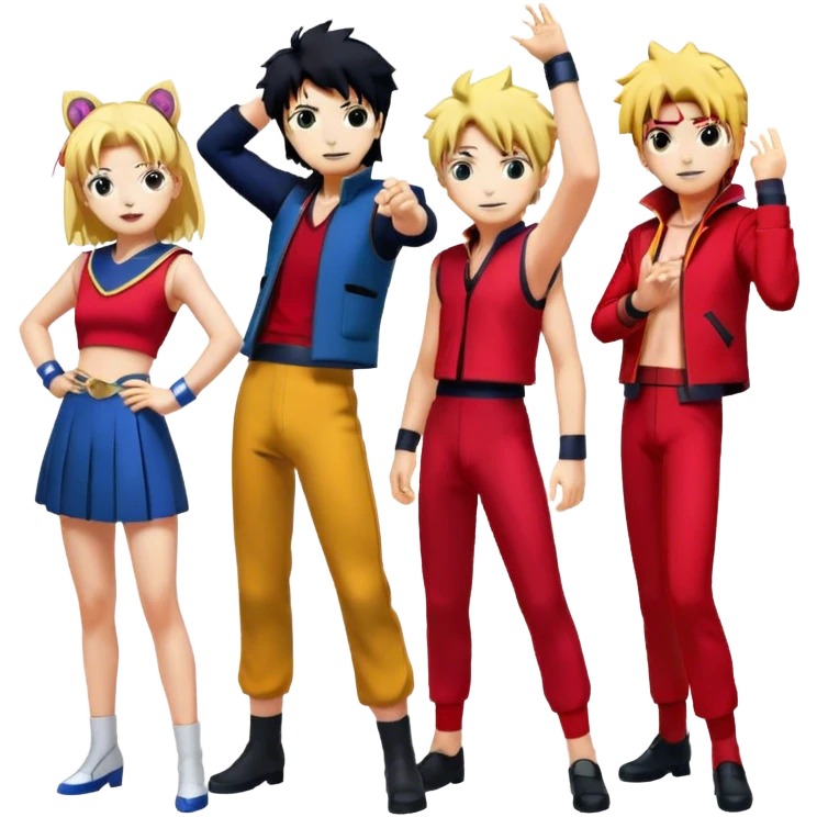 Icon for Anime Collage: Vibrant close-up collage Characters from Cowboy Bebop, Naruto, Bishoujo Senshi Sailor Moon and Kimetsu no Yaiba, each in their iconic poses and vibrant outfits, blended together with dynamic backgrounds. Transparent background. emoji