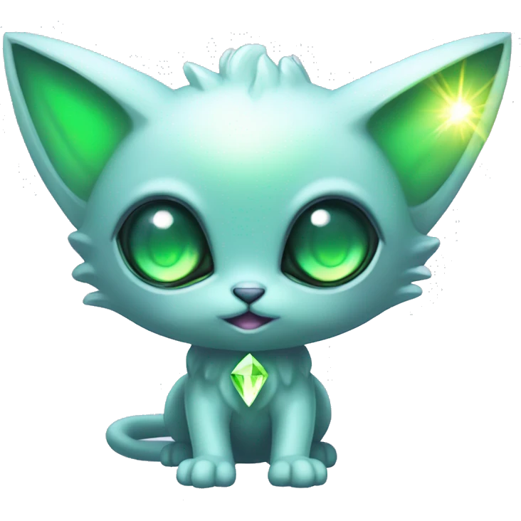 Shiny, Sparkly, Dark-type-Fairy-Type-Psychic-Ice-type-Fakémon-Alien-Cat Blind Purple eyes, green gem, full body emoji