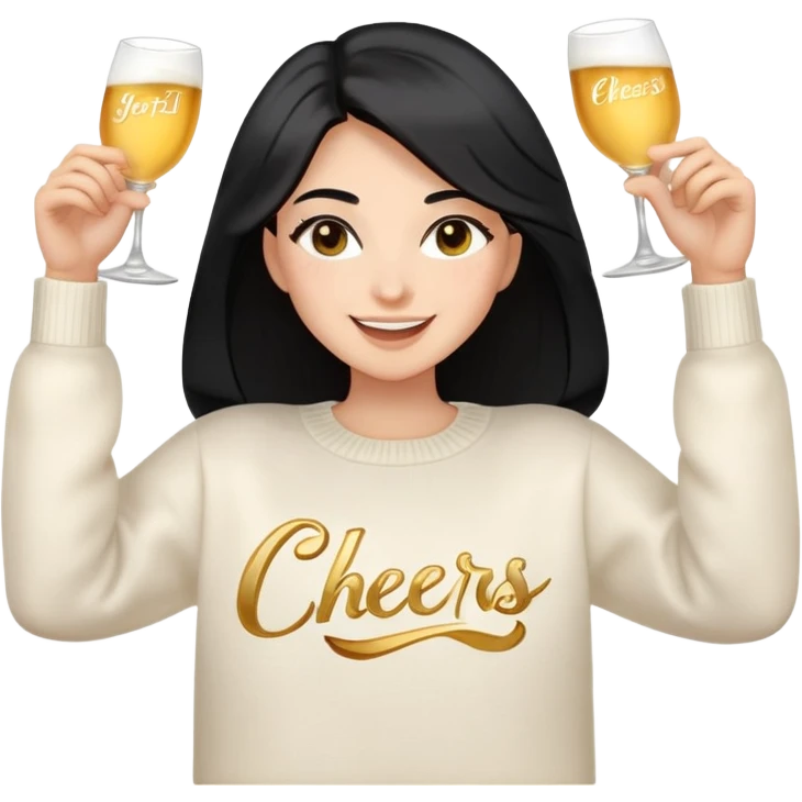 A woman with longer black hair, light to medium skin tone, full cheeks, and almond-shaped eyes, wearing a simple white sweater with the word 'cheers' in gold script, joyful and radiant expression, cheerful, emoji style, just her torso, no hands, no cups, no drinks. emoji
