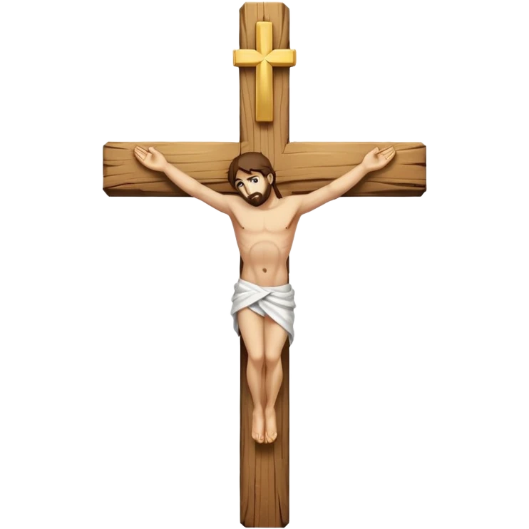 Cross made of wood, the top of the tip of the cross, a golden cross, and a white cloth hanging over the two arms of the cross emoji