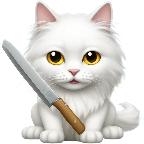 Long haired white cat with a knife emoji