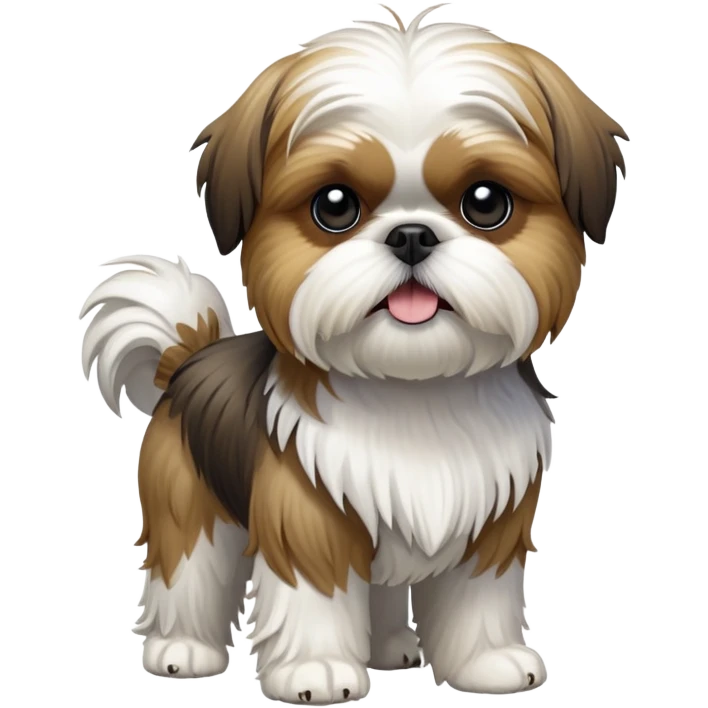cinematic-[Shish tzu]-realistic-full-body-standing-emoji,-tail-resting-loosely-beside-its-paws,-head-tilted-dramatically, -scruffy-[white]-fur,-simplified-yet-realistic-focused-features,-highly-detailed,-glowing-with-an-almost-sarcastic-glow emoji