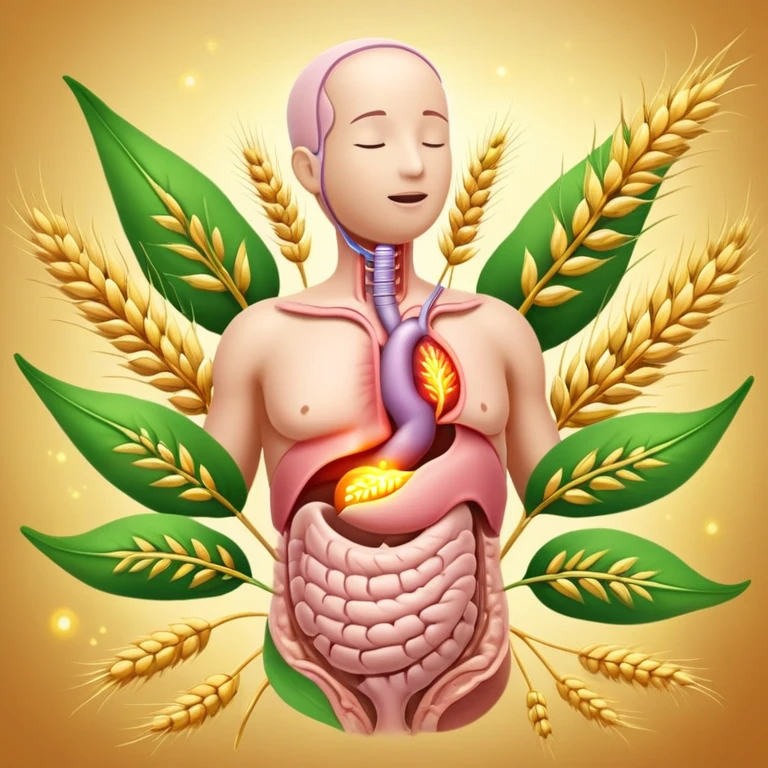 Human digestive system with esophagus, stomach, intestines, and colon highlighted, surrounded by golden wheat ears and green leaves, with glowing healing particles flowing through the digestive tract, creating a purifying effect emoji