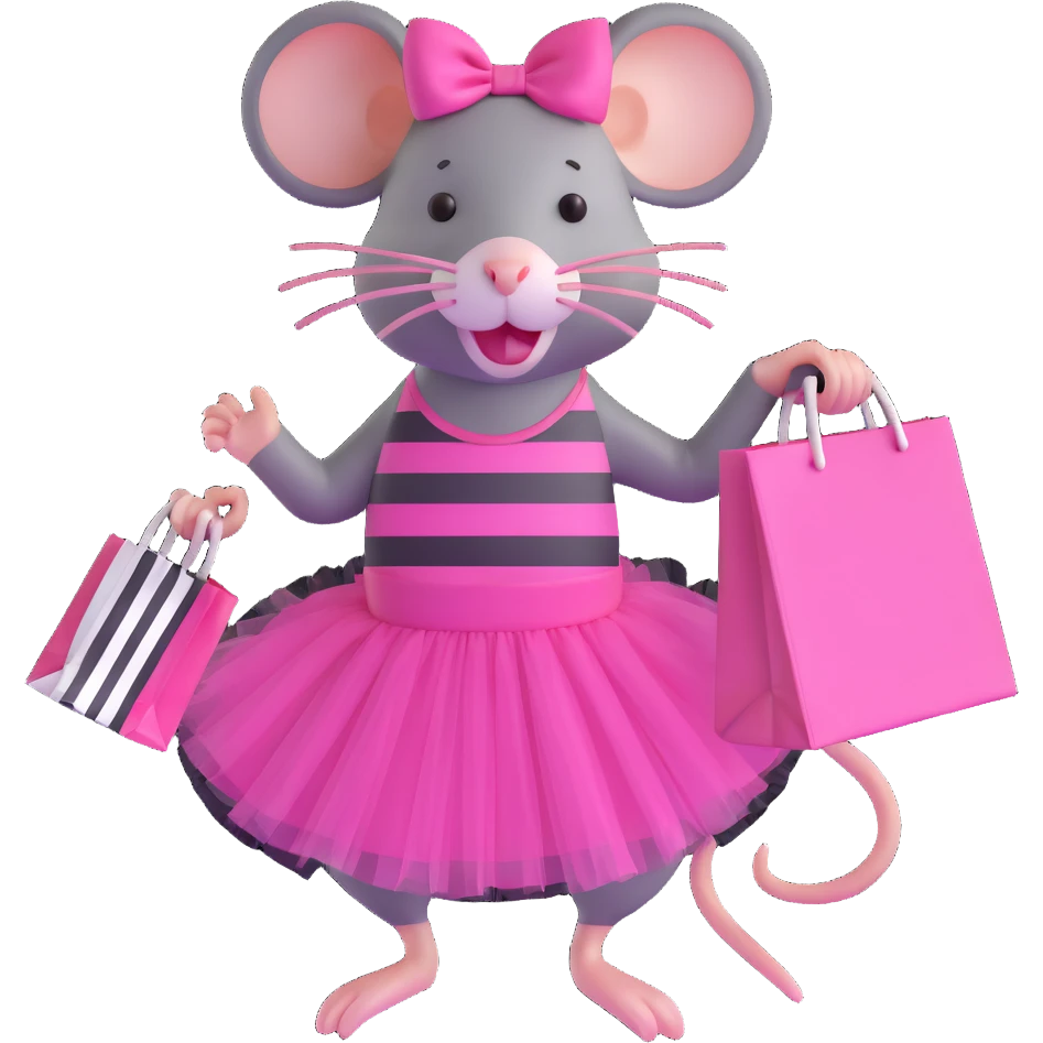 rat with a pink dress and tutu holding a black and white striped shopping bag emoji