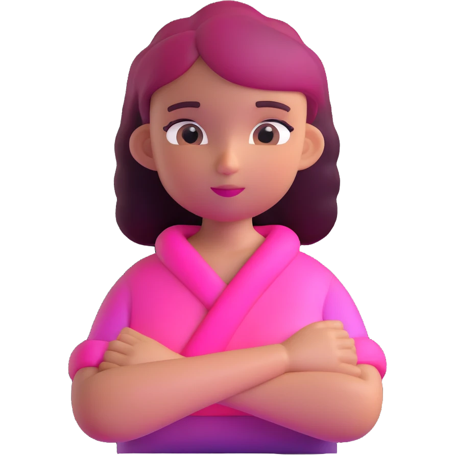 Shy girl character with arms crossed, transparent glass style, bright pink gradient, soft shadows and highlights, minimalist cute design emoji