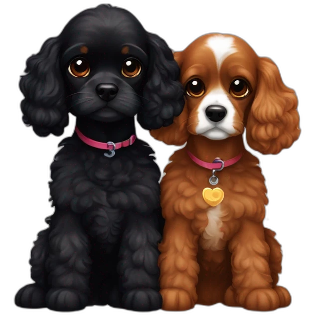 blenheim cavalier king charles spaniel and black poodle cuddle each other  emoji