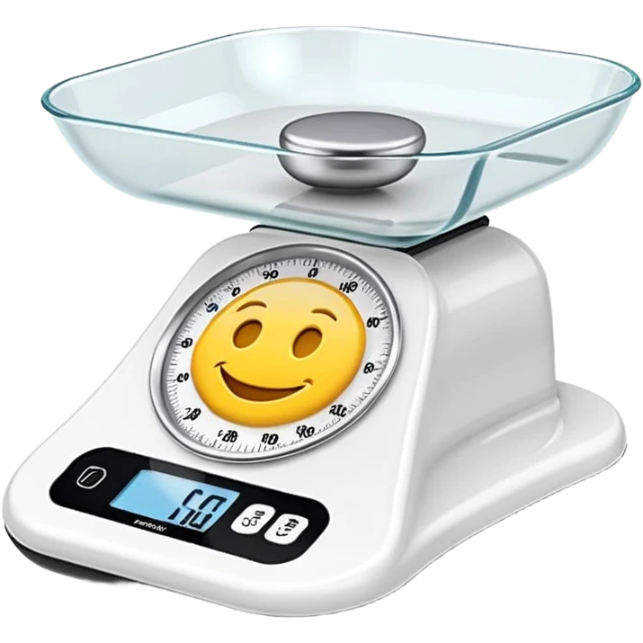 iOS-style 3D emoji: a small digital kitchen scale with a flat platform and an LCD screen displaying 0 g. emoji