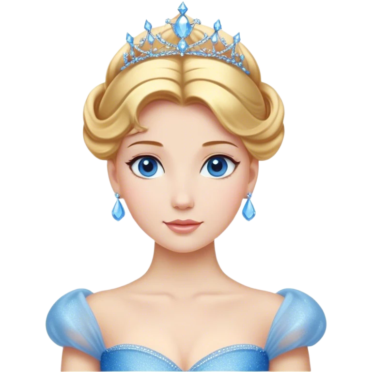 Cinematic Stunning Cinderella Portrait Emoji, Radiant in her sparkling blue ball gown, golden hair in a perfect updo, soft blue eyes full of wonder, glistening tiara, glowing with an ethereal beauty, regal yet kind, a dreamlike aura surrounds her, capturing the essence of a fairy tale princess, elegant and breathtaking! emoji
