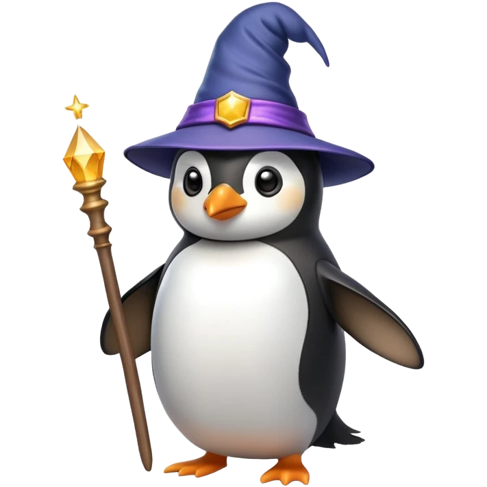 Penguin wearing wizard hat and holding a magic wand emoji