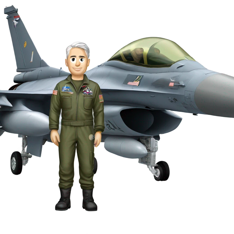 Old fighter pilot standing beside F-16 emoji