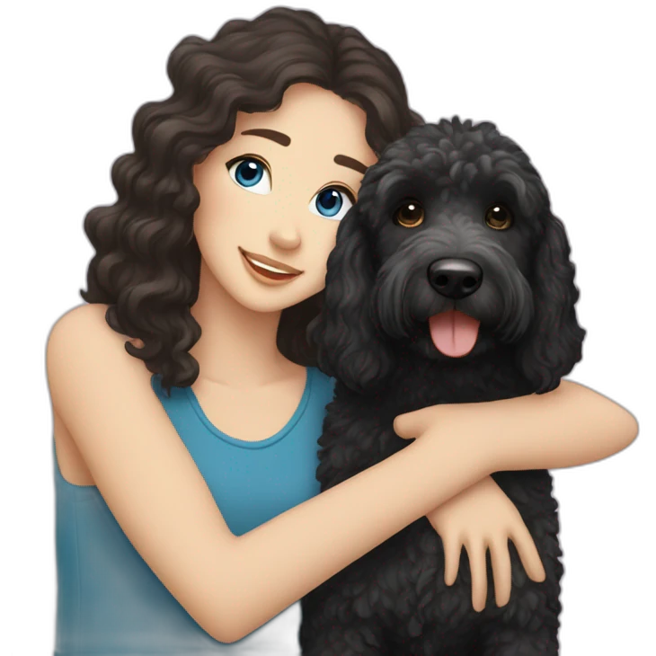 A black golden doodle and a white girl with black hair and blue eyes emoji