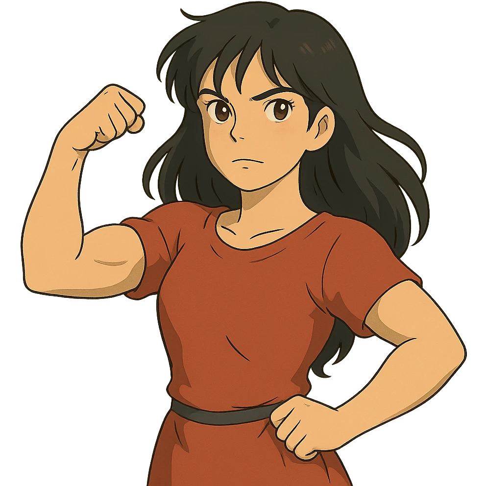 ghibli style strong girl with brown eyes, long slightly wavy black hair emoji