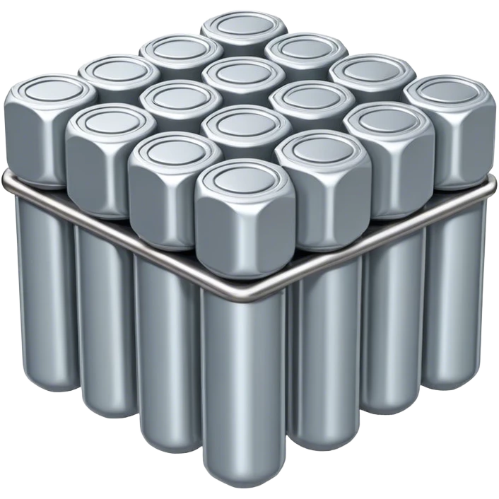 A bundle of uranium fuel rods used in a nuclear reactor, with a metallic silver or gray structure and cylindrical rods, arranged in a hexagonal grid, realistic and industrial style, no green color, only metallic shades. emoji