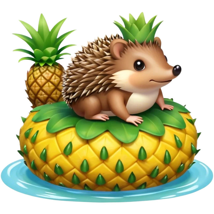 Hedgehog on a pineapple floaty in a lake with frogs emoji