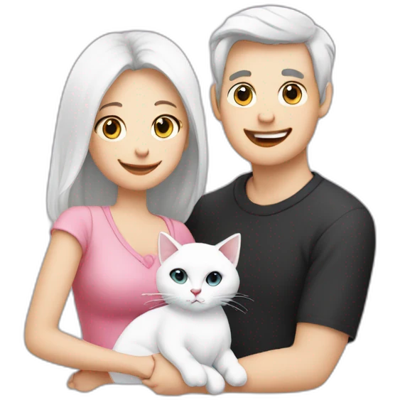 Family of 3- mum-dad-baby girl-white cat-black cat emoji