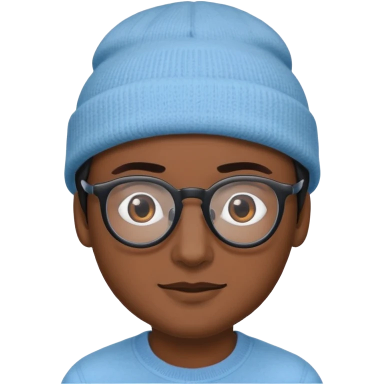 A person emoji with medium-dark skin, wearing a light blue beanie and black-framed glasses, with brown eyes, dark eyebrows, a small nose, and a subtle smile on a clean-shaven face. emoji