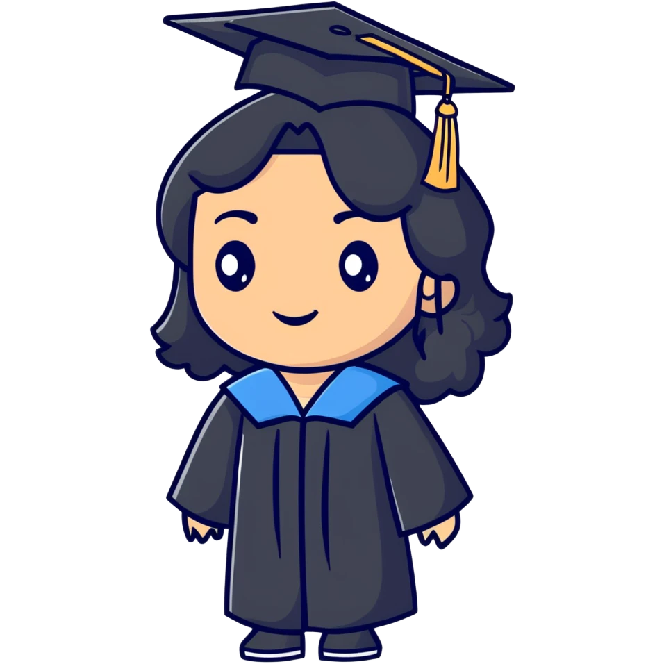 happy latina graduate with long wavy black hair wearing graduation cap and gown emoji