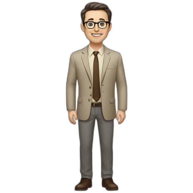 Full height Actively gesturing with hands Pale skinned fit man with dark brown hair in gray jacket, beige office shirt, brown tie, brown pants and vintage glasses. emoji