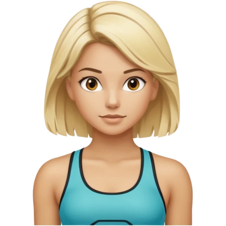 sporty girl with dyed blonde hair and dark roots, fitted athletic top, hair loose but well-groomed, looks like fitness instructor emoji