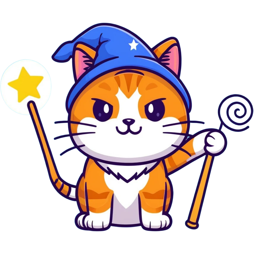 Cute orange tabby cat with a blue wizard hat and a glowing magic wand emoji