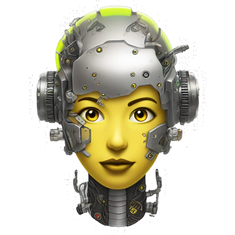 Caucasian female cyborg head with Neon yellow bobbed hair, silver steampunk goggles and circuits emoji