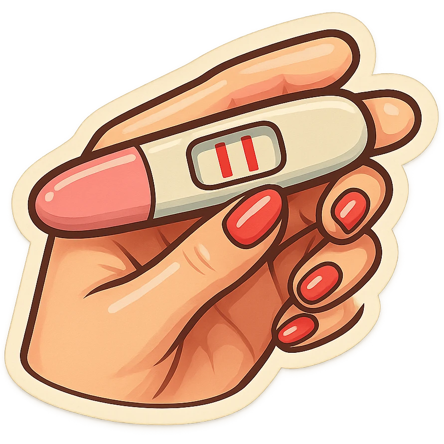 Positive pregnancy test with two lines, held in a neat feminine hand with manicure, pen style as in the second previous variant, retro stickers style, soft rounded shapes, expressive contours, vintage color palette, light paper texture, shadows and highlights, transparent background. emoji