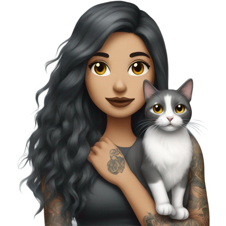 Beautiful dark haired tattooed woman holding gray and white long hair cat emoji