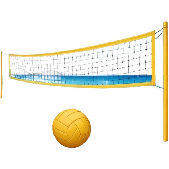 The scene captures the relaxed yet competitive vibe of beach volleyball, with warm sunlight and the natural beauty of the beach. A volleyball resting on the yellow sand on a beach, with the net in the background and a scenic view of the ocean and sky.  emoji