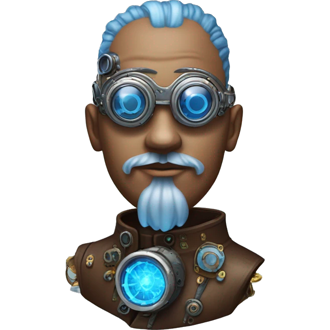 Brown shaved male cyborg head with blue beard, silver steampunk monocle goggles and circuits emoji