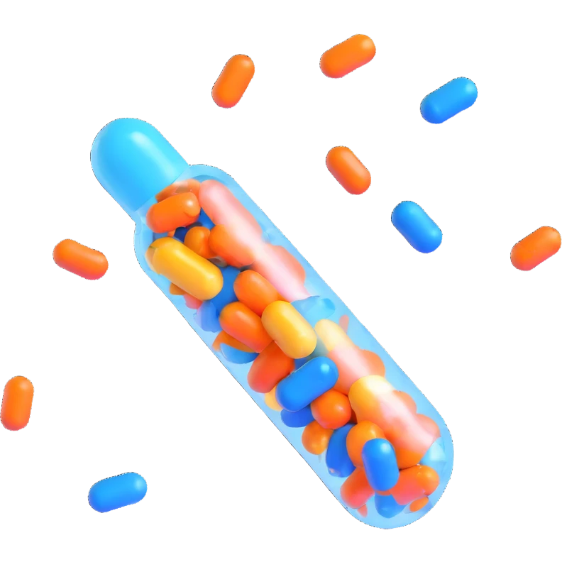 3D celebration emoji with a glossy orange and blue medical capsule split open and shiny, multicolored confetti bursting out, confetti floating in mid-air, playful, high-quality 3D rendering emoji