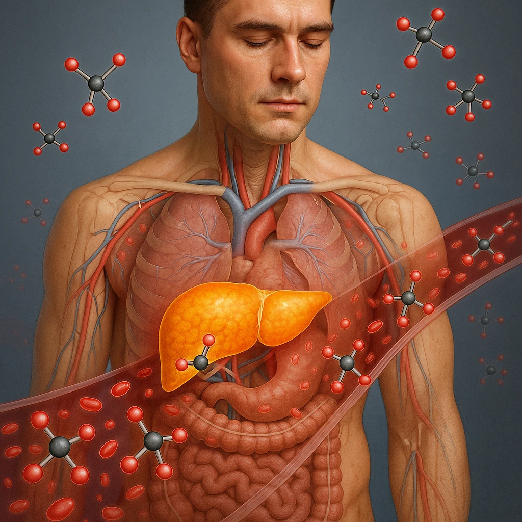 realistic human body in 4K with anatomical overlay highlighting the liver and ketone body production, stylized ketone molecules visible in the blood emoji